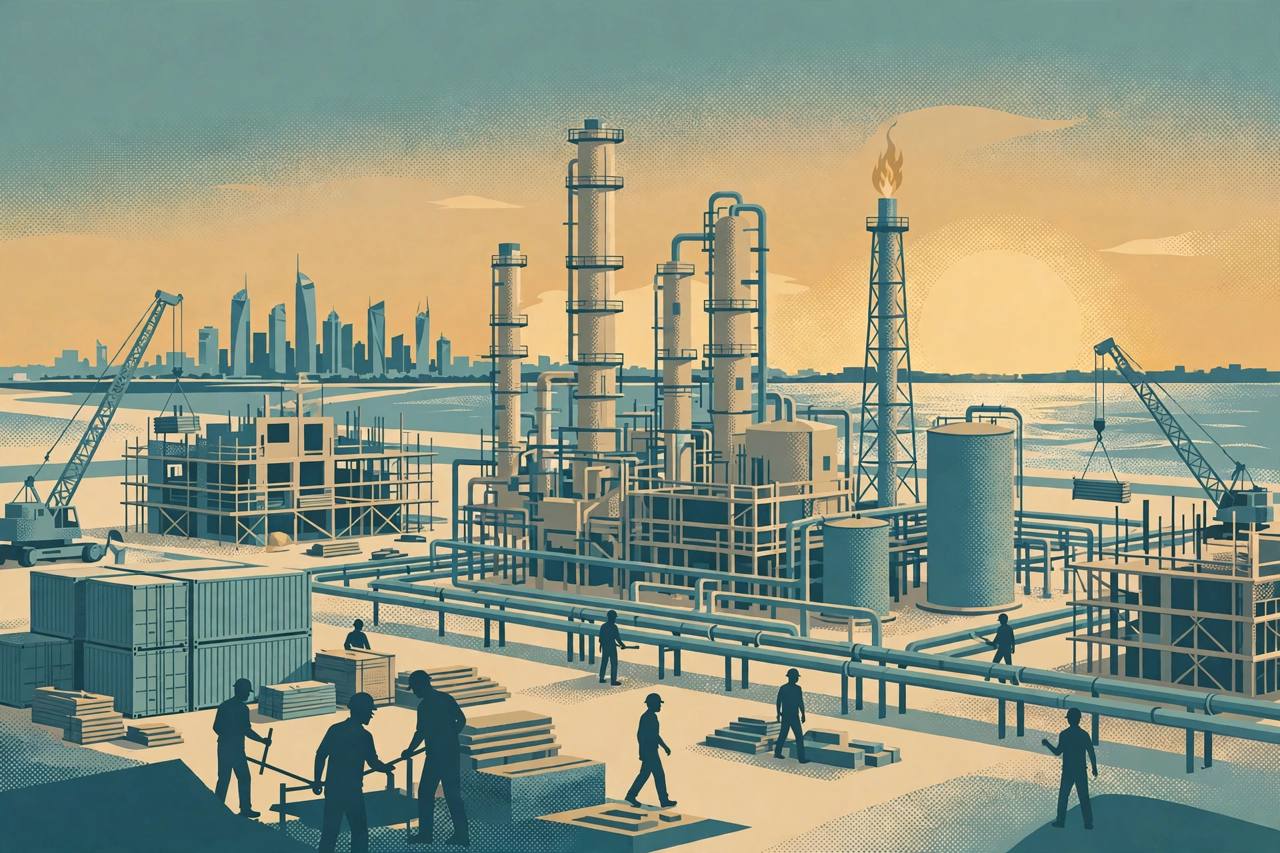Editorial illustration of a modern UAE industrial zone with processing towers, factories under construction and cranes — flat style, no real person depicted