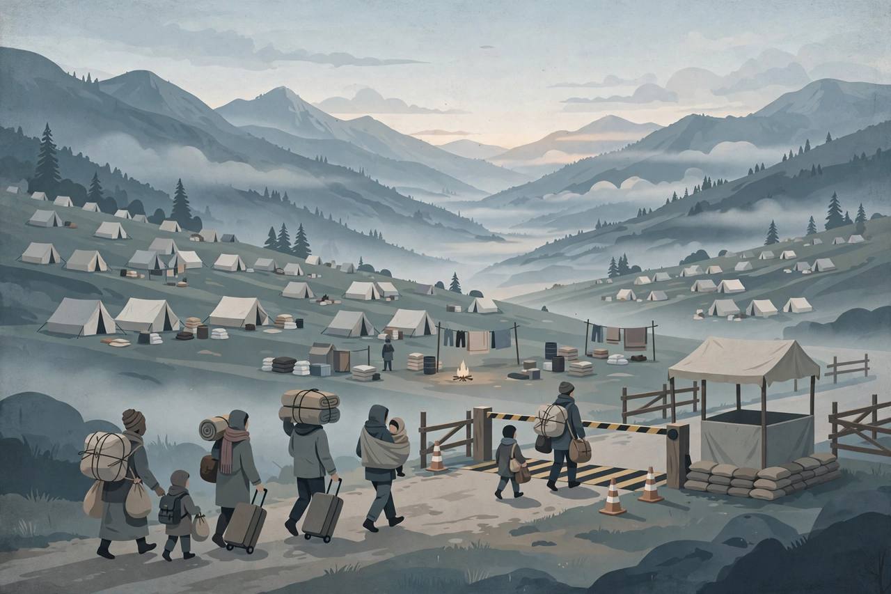 Editorial illustration of generic families with bundles walking through a mountain border crossing, with a temporary relief camp in the background