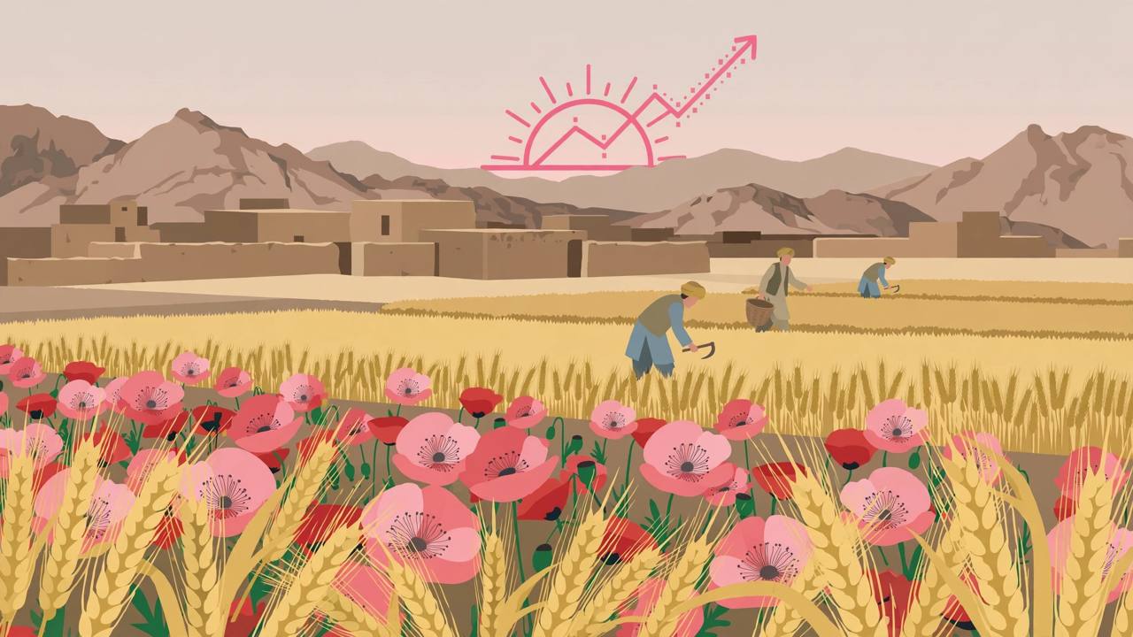 Opium poppies blooming among wheat fields in front of mud-walled homes and dry mountains in Afghanistan, flat editorial illustration