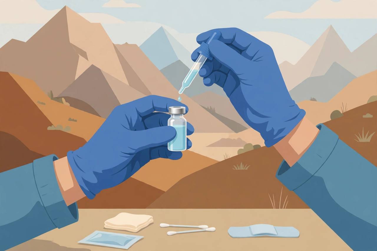 Editorial illustration of generic health worker hands holding a vaccine vial and oral dropper, with abstract mountains — no real person or child depicted
