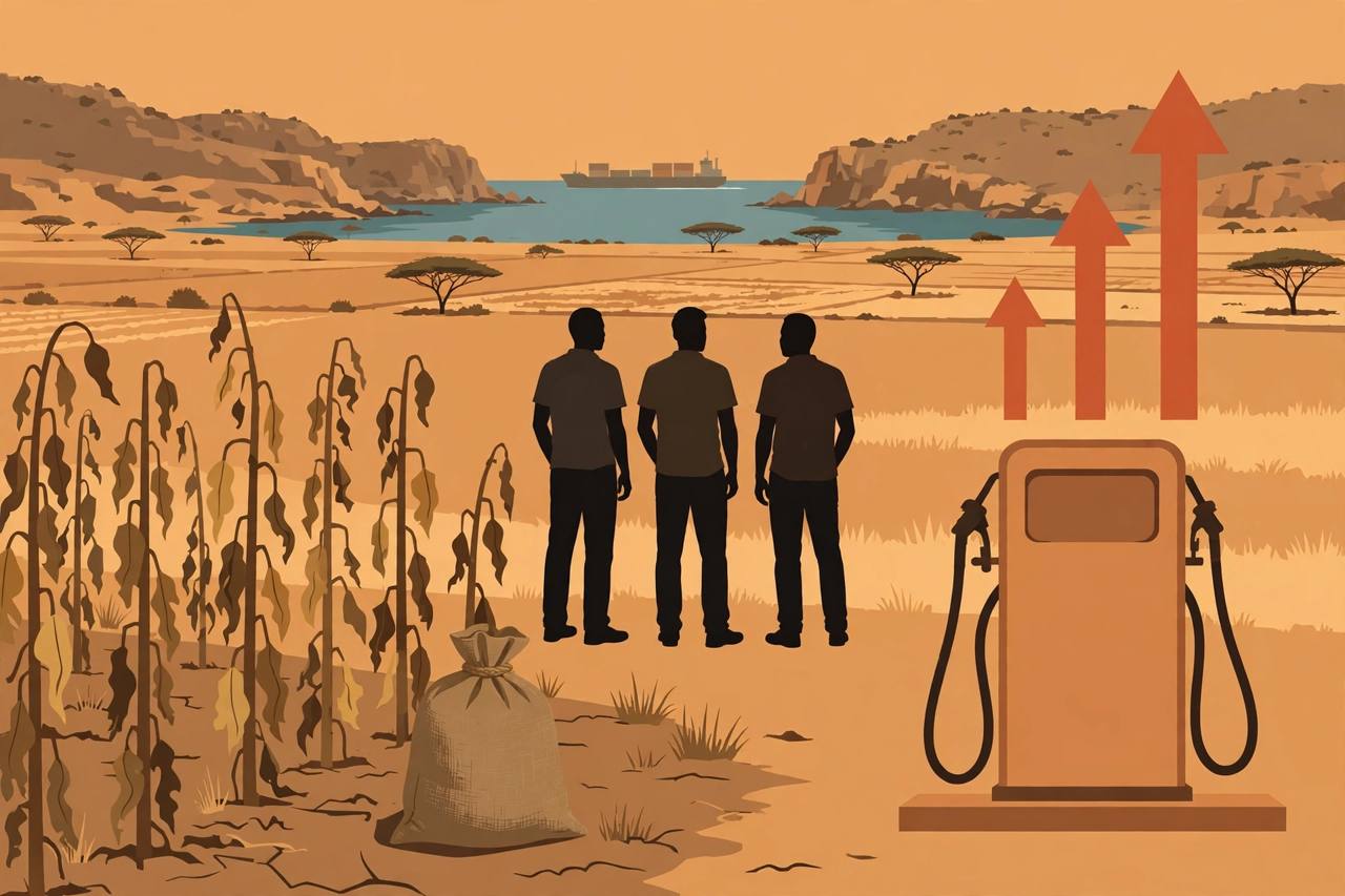 Editorial illustration of African farm fields with a wilting crop, a fertiliser sack, a fuel pump and a cargo ship in a narrow strait on the horizon