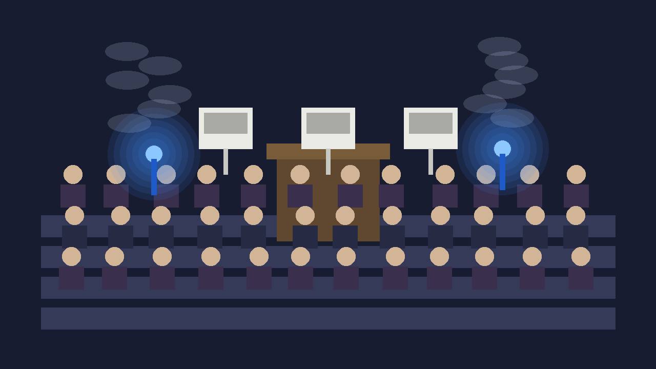 Editorial illustration of a generic parliament chamber in Tirana with generic lawmakers holding blue flares and blank photo placards, no real person's face
