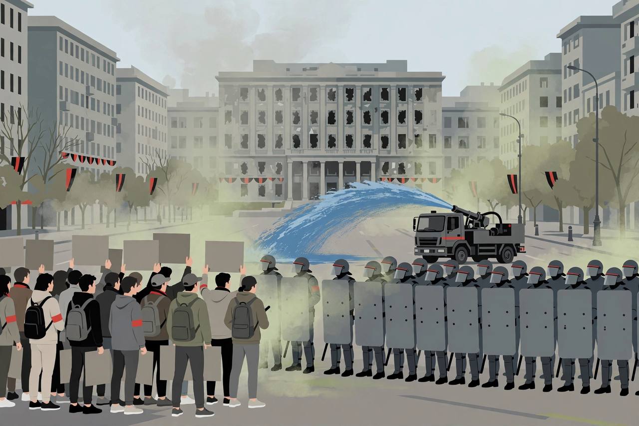 Editorial illustration of student protesters with blank placards facing a line of riot police with shields and a water-cannon truck on a wide boulevard in Tirana, a ministry building with broken windows behind them