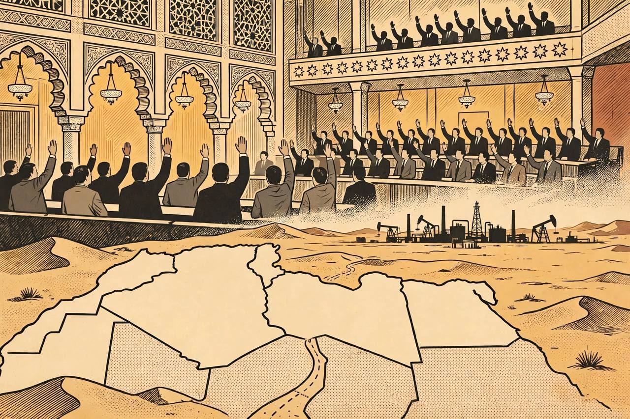 (Editorial illustration) Generic legislators voting in a parliament chamber, with a desert route from Algeria to Niger and a guarded oil facility — no real person is shown. Algeria's upper house approved the Niger deployment on Sunday; the lower house was due to vote later the same day.