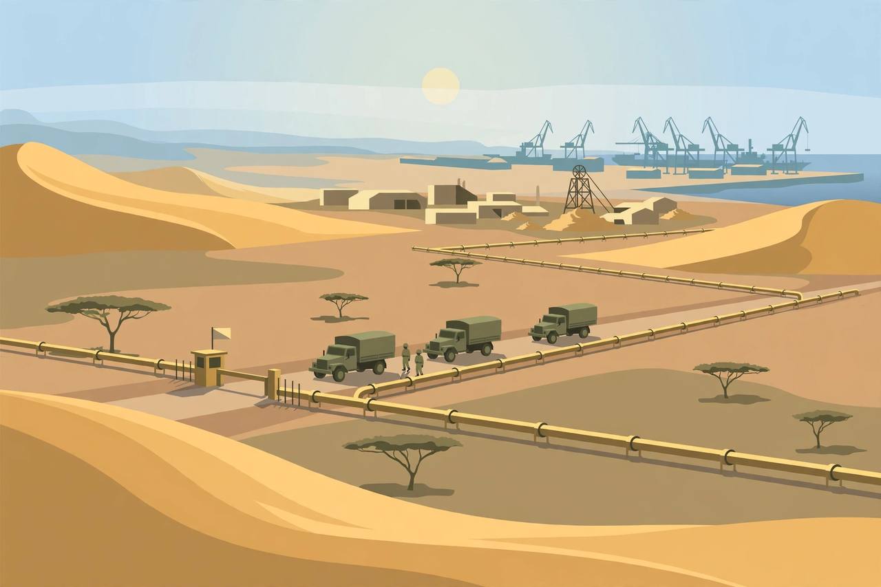 Editorial illustration of a military convoy crossing a Sahel desert road toward a uranium mining town, with a gas pipeline running alongside the road