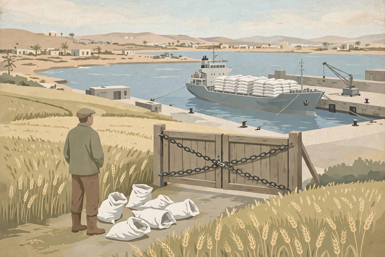 Editorial illustration of a cargo ship with fertilizer sacks stopped at a Mediterranean port, wheat fields and a generic farmer, generic figures only