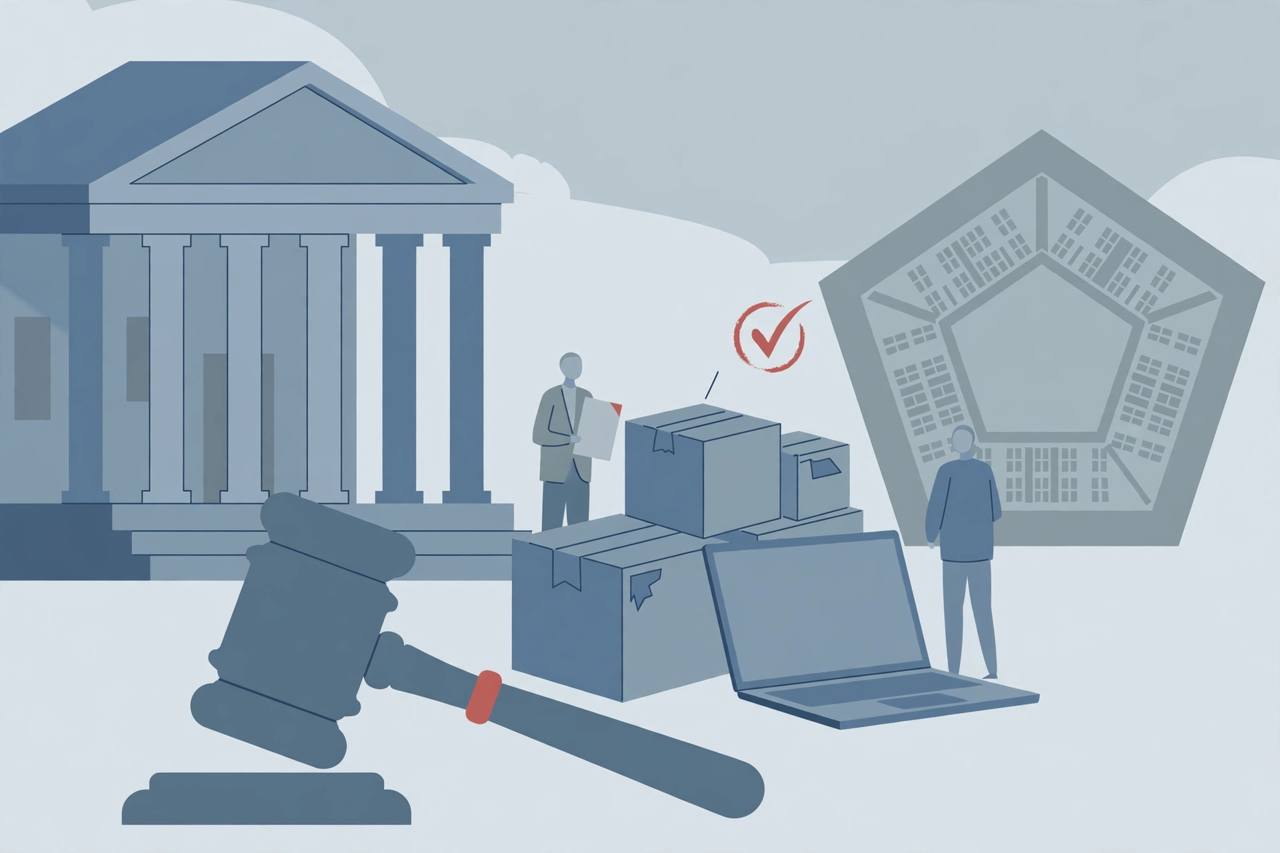 Editorial illustration of a generic courthouse and a pentagon-shaped government building with e-commerce parcels, symbolising Alibaba's court injunction against Pentagon contract restrictions