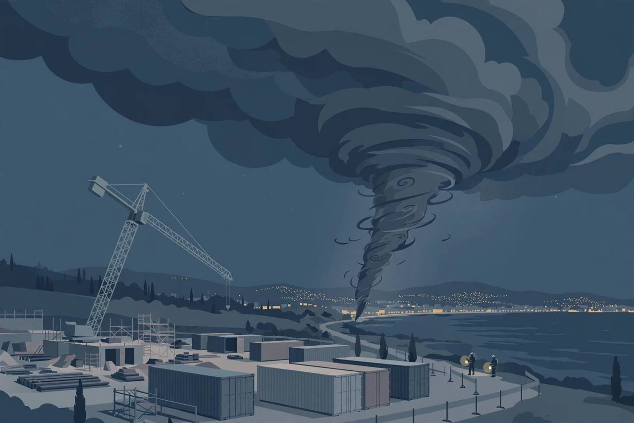 Respectful editorial illustration of a tornado funnel over a coastal construction site in Antalya at night, with a tower crane and worker containers, no people harmed shown
