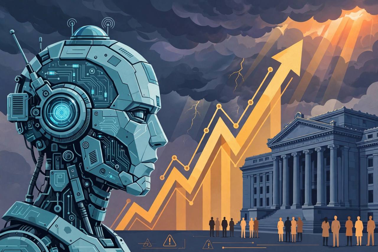 Editorial illustration of an AI robot head beside a rising stock chart and a stock exchange building