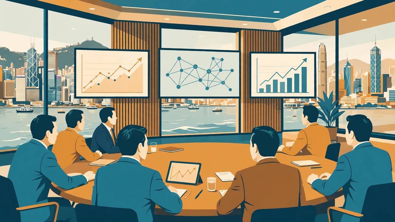 Editorial illustration of Asia-Pacific finance ministers meeting around a conference table overlooking the Hong Kong harbour skyline
