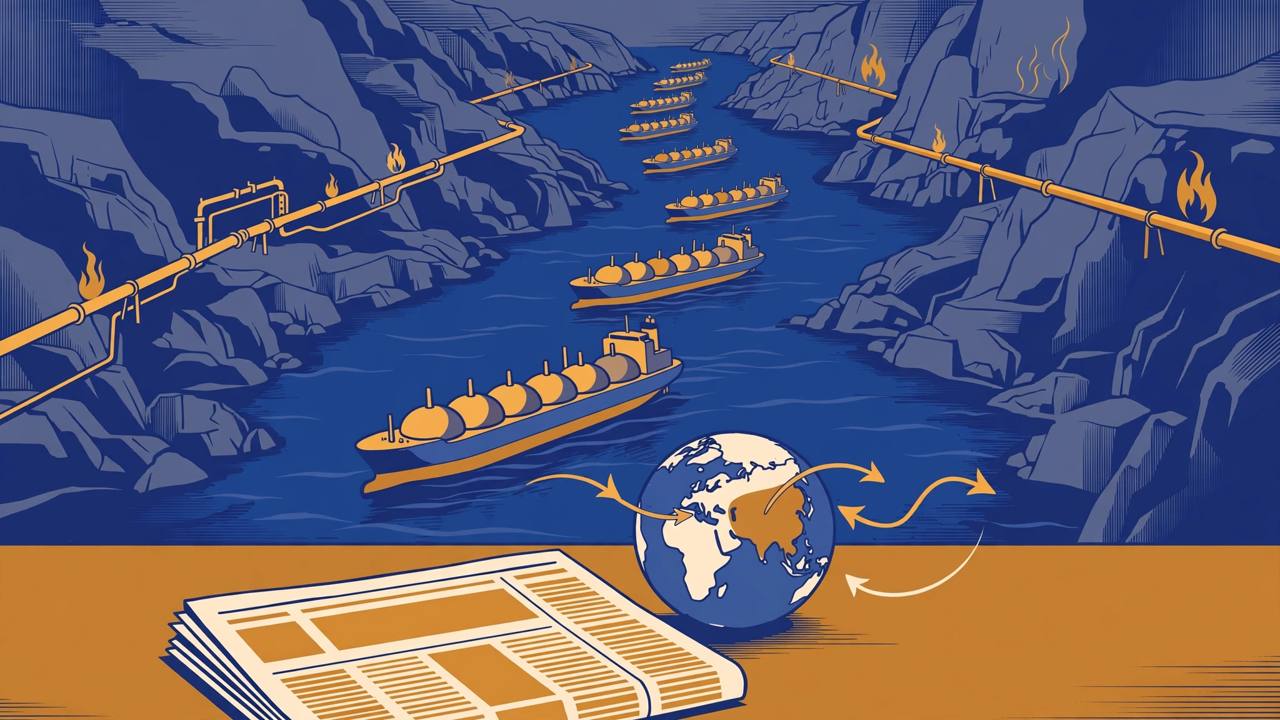 Editorial illustration of LNG tankers waiting in a narrow strait, gas pipelines and a globe