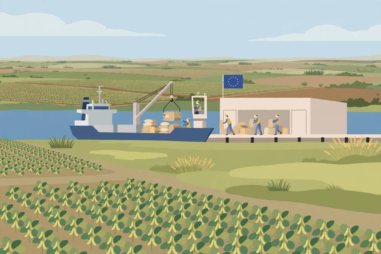 Editorial illustration of soybean fields on the Argentine Pampas and a cargo ship being loaded with soymeal sacks for Europe, generic figures only, no real person depicted