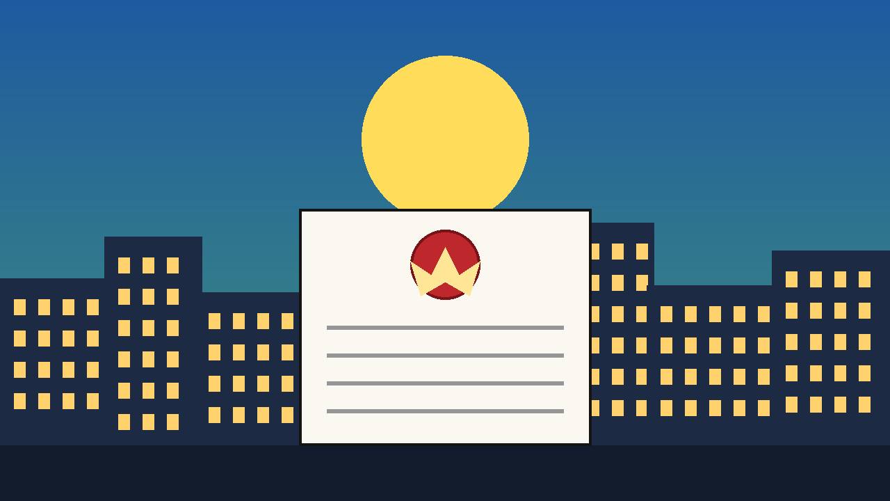 Editorial illustration of a generic city skyline at dusk with an official document and seal in the foreground — no real place, person or incident depicted