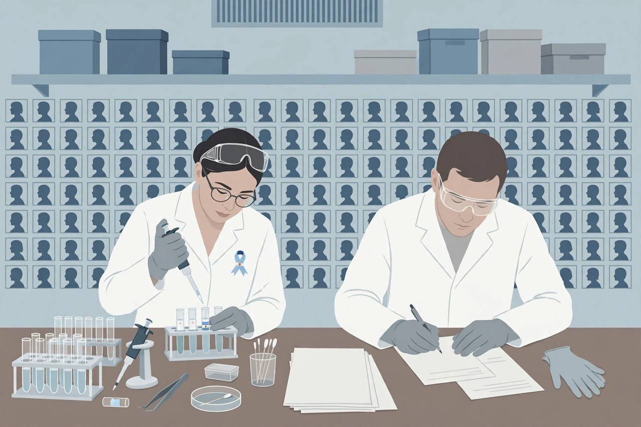 Editorial illustration of generic forensic scientists in a laboratory with DNA sample tubes and documents, with unlabelled portrait silhouettes on a wall behind them; no remains are depicted