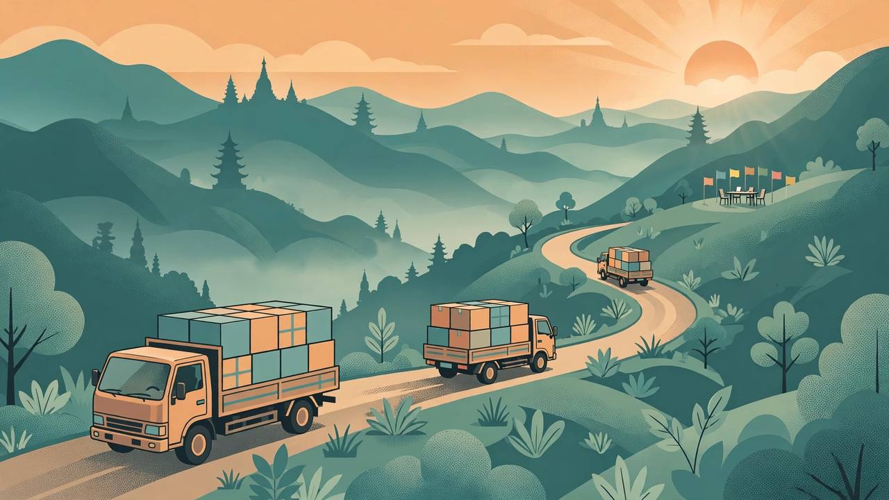 Editorial illustration of a humanitarian aid convoy on a mountain road in Southeast Asia