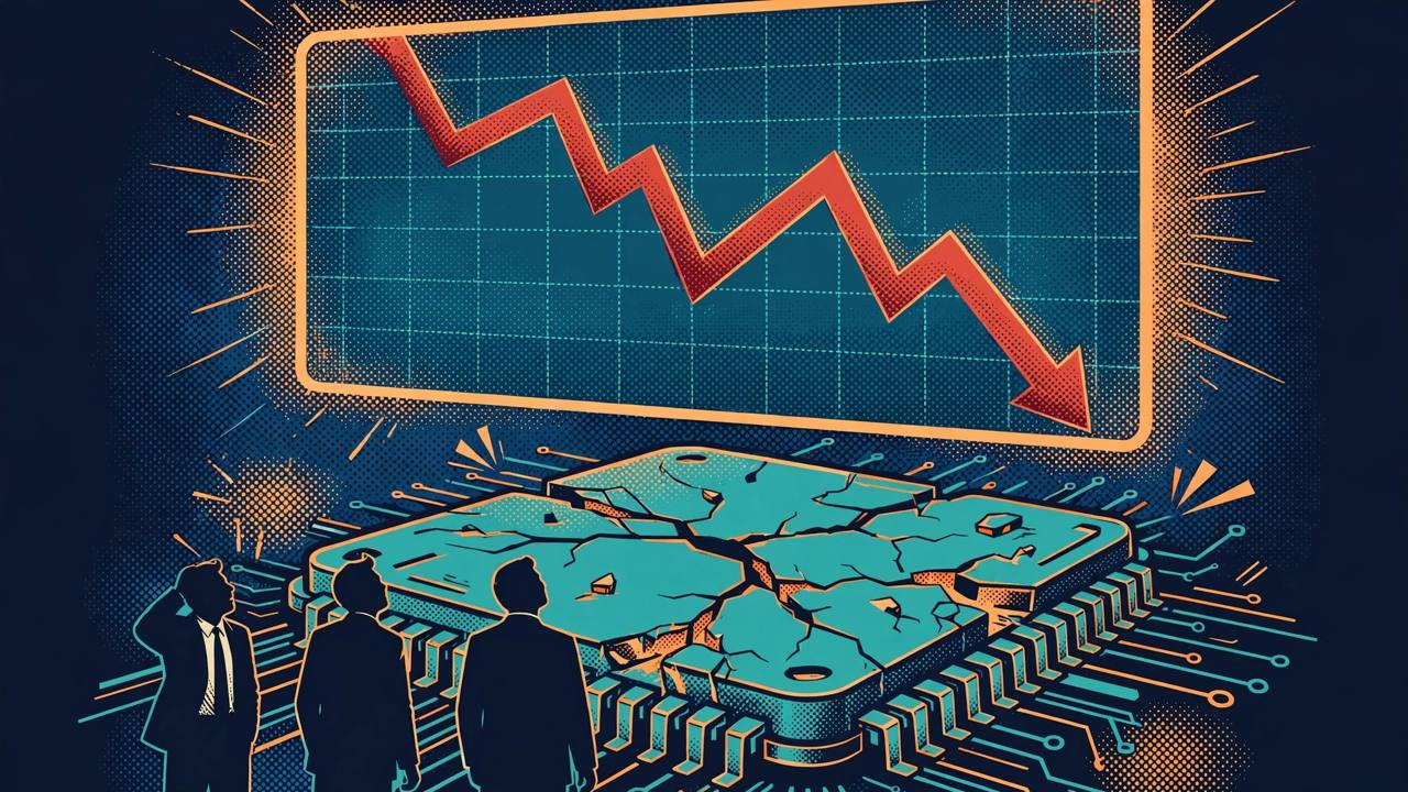 Editorial illustration of a giant stock-market screen with a steep red chart line plunging downward, a cracked computer microchip in the foreground and generic silhouetted figures looking up in alarm
