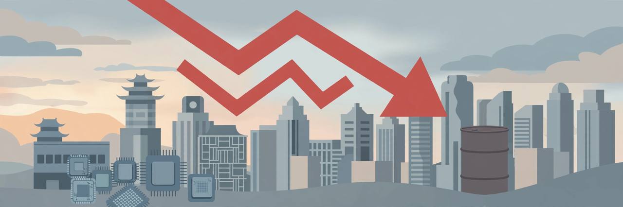 Editorial illustration of an Asian stock exchange skyline with a red downward arrow, semiconductor chips and an oil barrel, flat style, no text, no real person depicted