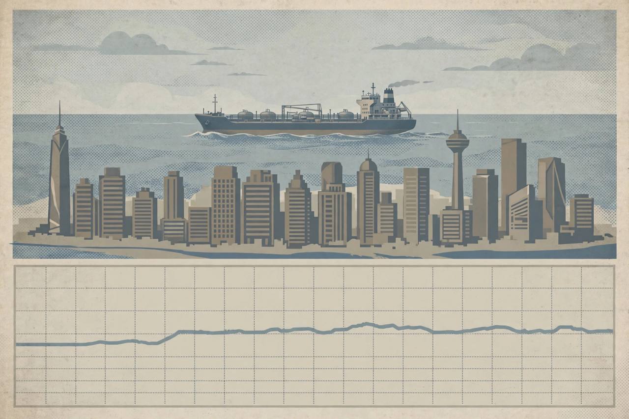 Editorial illustration of an Asia-Pacific stock exchange skyline and an oil tanker at sea