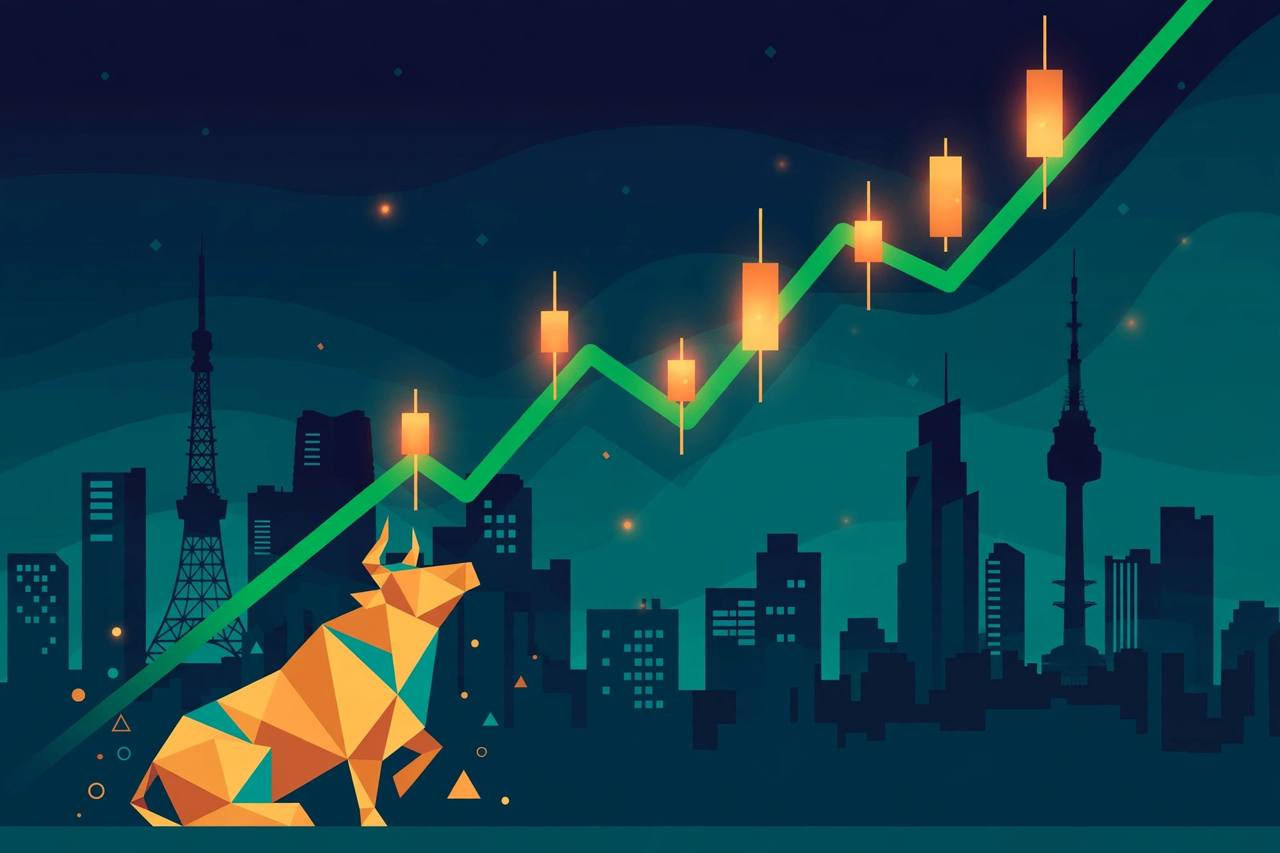 Editorial illustration of a rising green stock chart climbing over stylised Tokyo and Seoul skylines with a geometric bull figure, flat editorial style, no text, no real people