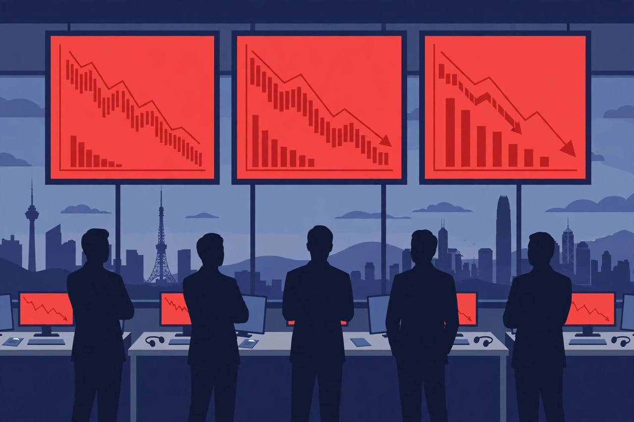 Editorial illustration of an Asian stock exchange with red falling charts and generic traders