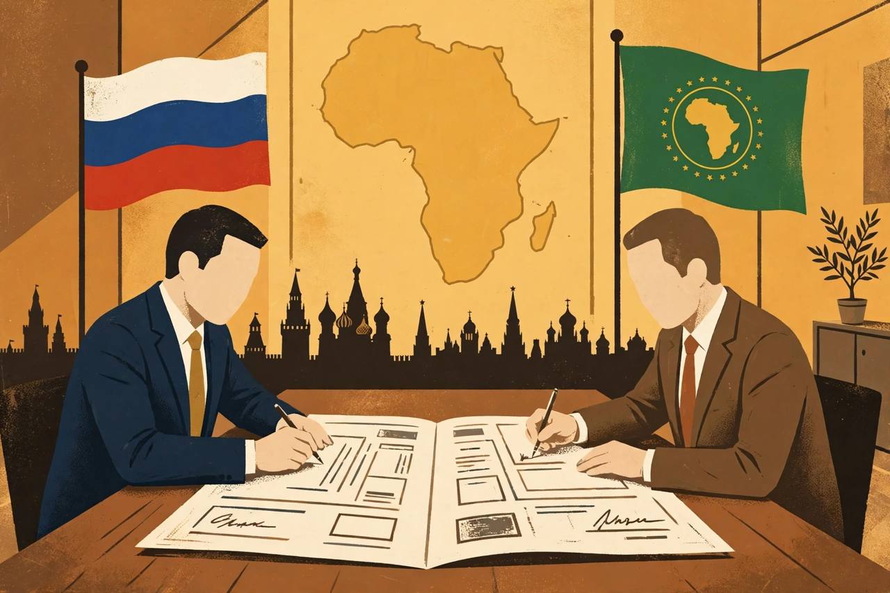 Flat editorial illustration of two generic officials signing a document at a conference table with an African continent outline and flags in the background