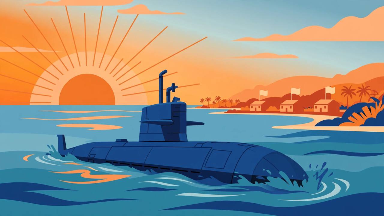Editorial illustration of a nuclear-powered submarine surfacing in blue Pacific waters at sunrise near a coastline