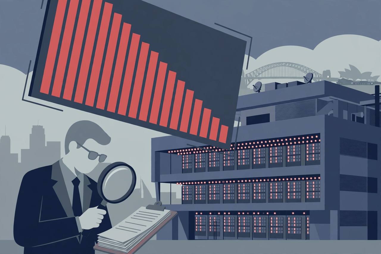 Editorial illustration: a generic regulator with a magnifying glass over documents in front of an Australian AI data centre, under a falling red bar chart