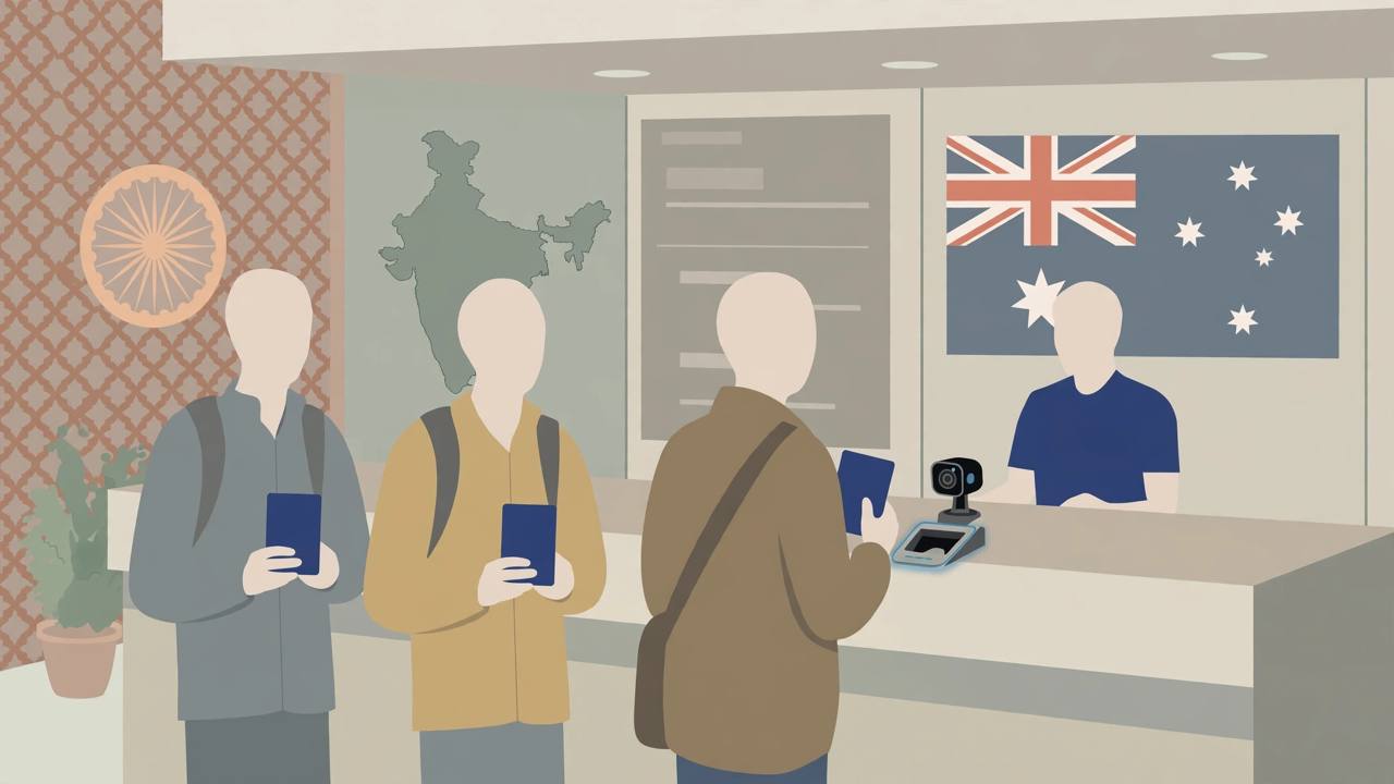 Editorial illustration of generic travellers with passports at a visa counter with a fingerprint scanner and facial-scan camera