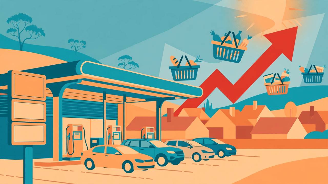 Editorial illustration of cars at an Australian petrol station with a rising inflation arrow over shopping baskets and house rooftops