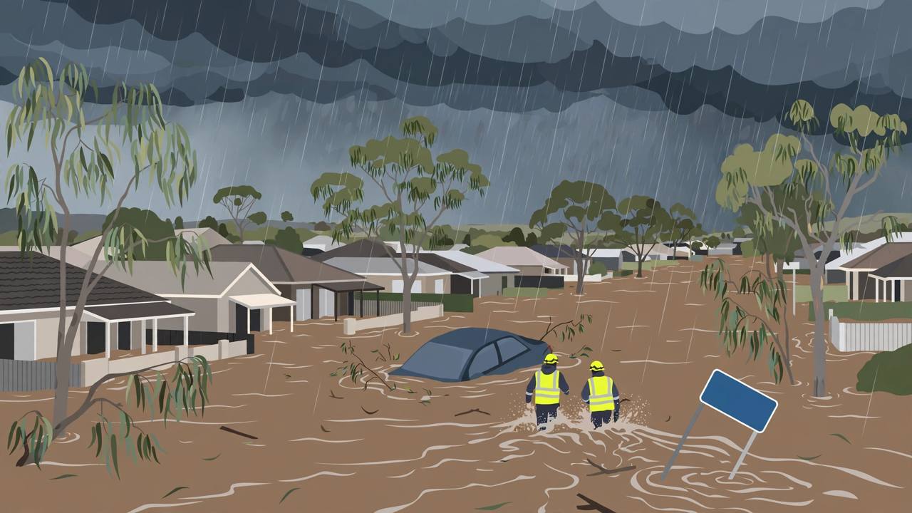 Editorial illustration of a flooded Queensland street with a half-submerged generic car and rescue figures — no real person or incident depicted
