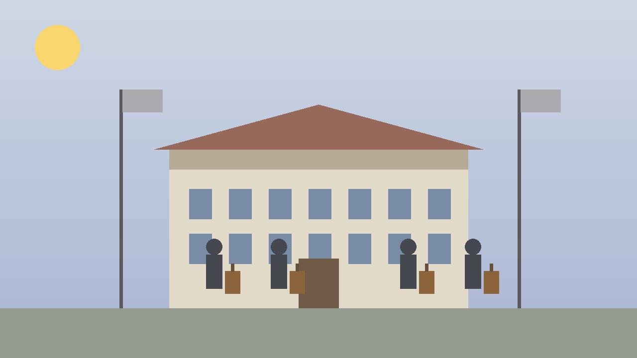 Editorial illustration of a generic embassy building with four departing figures carrying suitcases — flat style, no real person depicted
