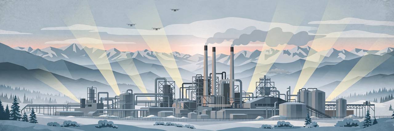 Editorial illustration of an industrial titanium plant in a snowy Ural landscape with drone silhouettes and searchlights in the sky