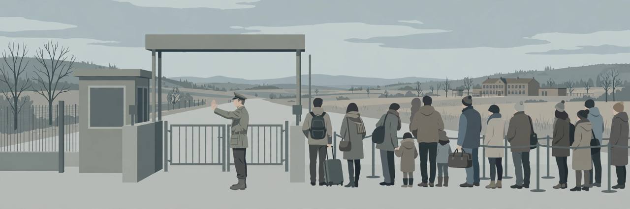 Editorial illustration of travellers stopped at a border entry gate, with a school building in the distance