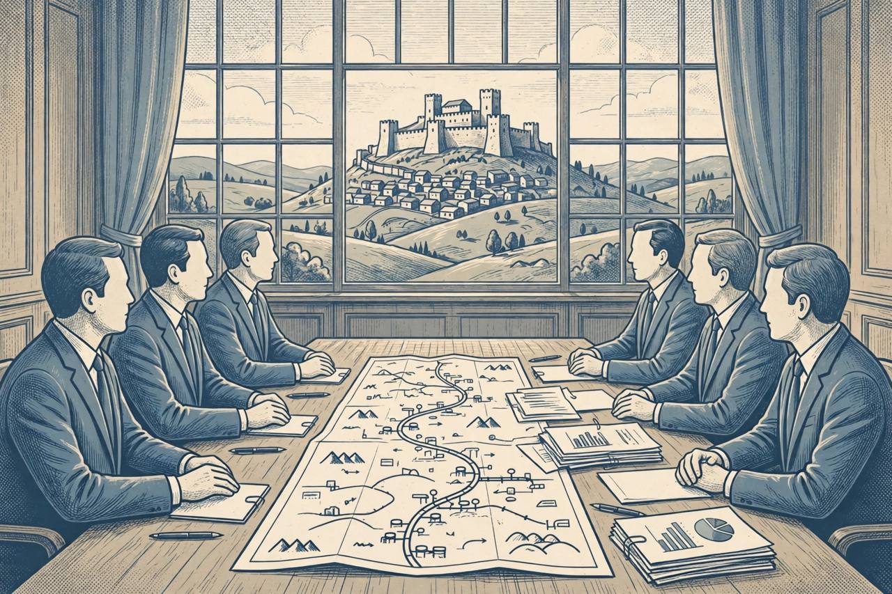 Editorial illustration of two generic government delegations at a long negotiation table with an oil pipeline map and budget documents, a citadel on a hill through a window - flat style, no real person shown