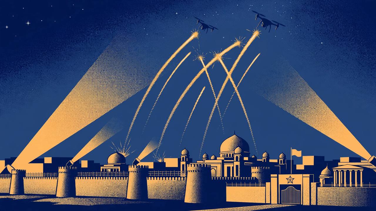 Editorial illustration of drones being intercepted by air defences over a fortified government district in Baghdad at night