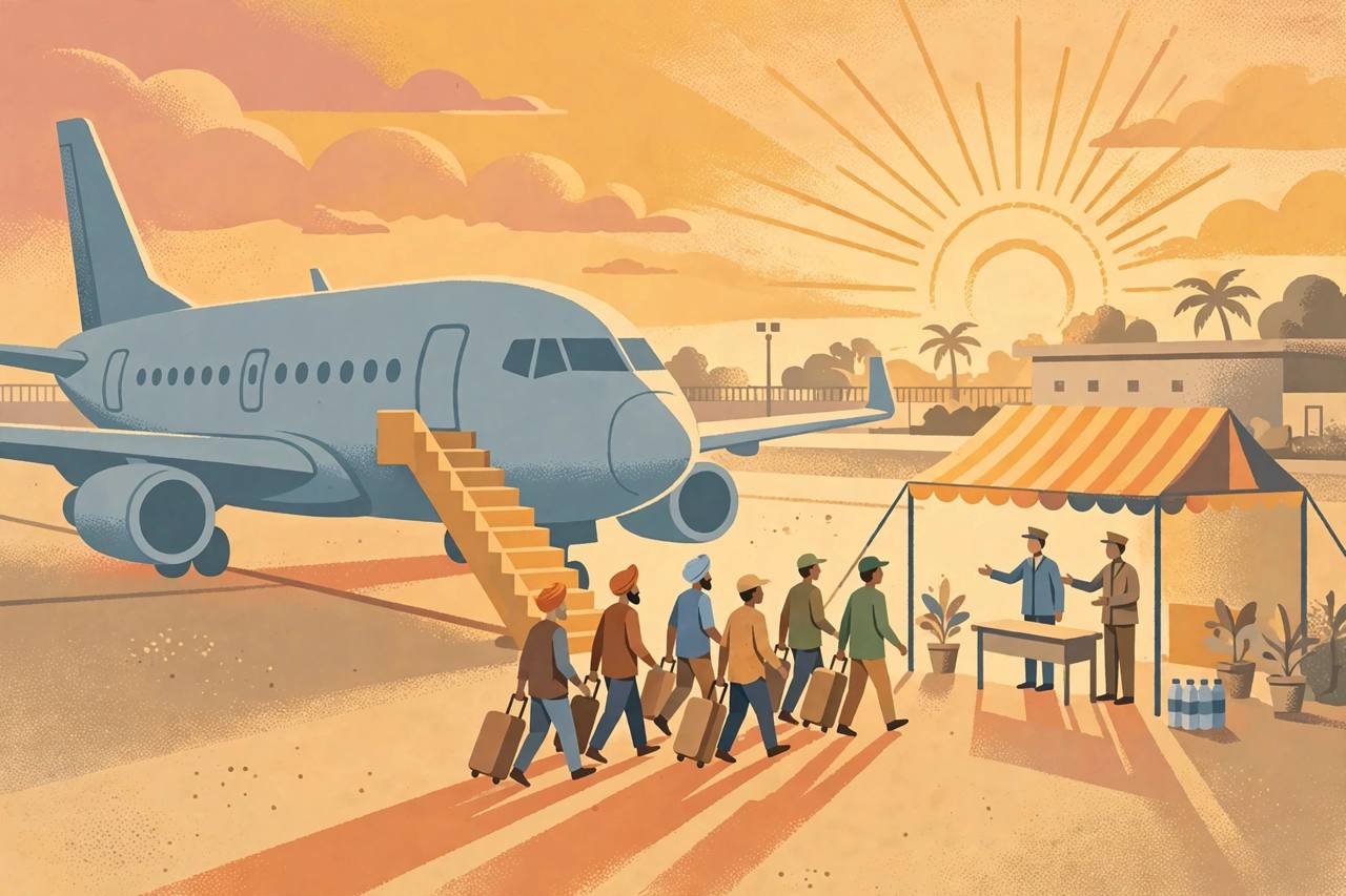 Passenger jet at dawn with generic migrant workers carrying suitcases down the aircraft stairs, flat editorial illustration