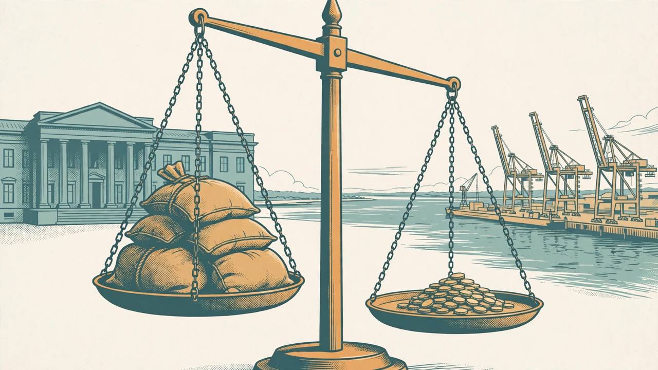 Editorial illustration of a balance scale where heavy loan repayment sacks outweigh a smaller pile of incoming loan coins, with a generic government building and port cranes behind