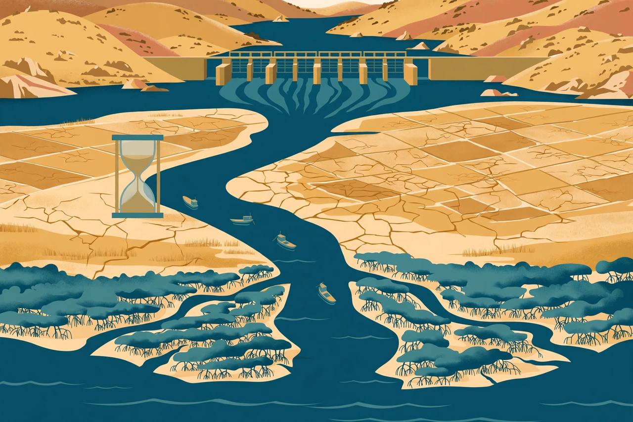Flat editorial illustration of a river flowing from a barrage through dry cracked farmland and fishing boats to a mangrove delta, with an hourglass marking a treaty deadline, no real faces