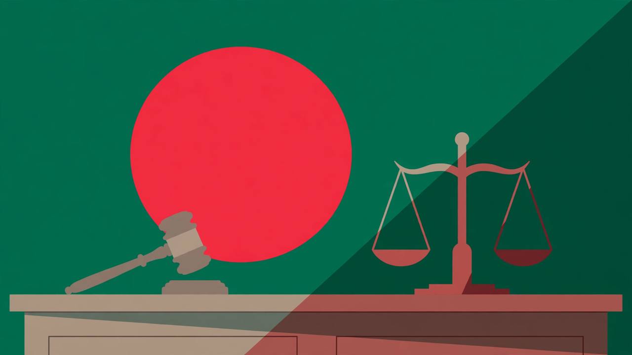 Flat editorial illustration of a judge's gavel and scales of justice on a bench against the green and red of the Bangladesh flag
