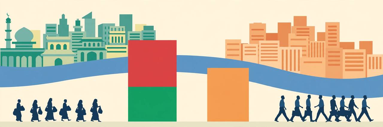 Editorial illustration of two generic South Asian skylines across a river with two plain rising bar columns, the left slightly taller, and generic worker silhouettes below - flat style, no real person shown, no text