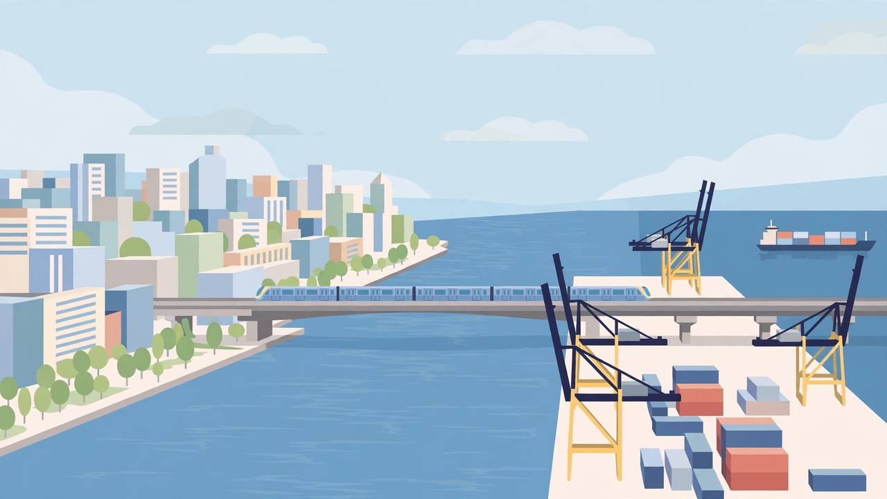 Editorial illustration of a modern elevated metro train, a river cityscape and port cranes joined by a bridge — flat style, no people close up and no real person depicted