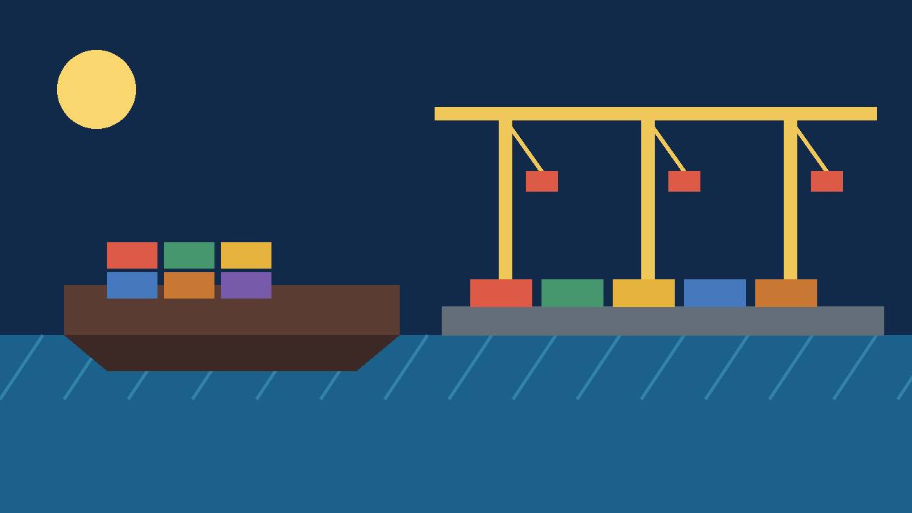 Editorial illustration of a deep-sea port with cranes, container stacks and a cargo ship, no people