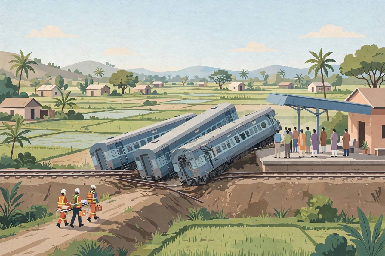Editorial illustration of a passenger train with coaches off the tracks near a small station, passengers standing safely on the platform