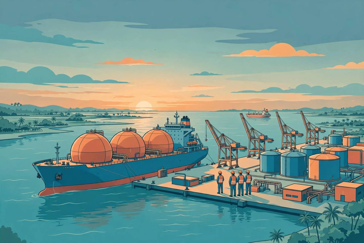 Editorial illustration of an LNG carrier with spherical gas tanks docked at a coastal terminal in Bangladesh at dawn, with cranes, storage tanks and generic workers on shore