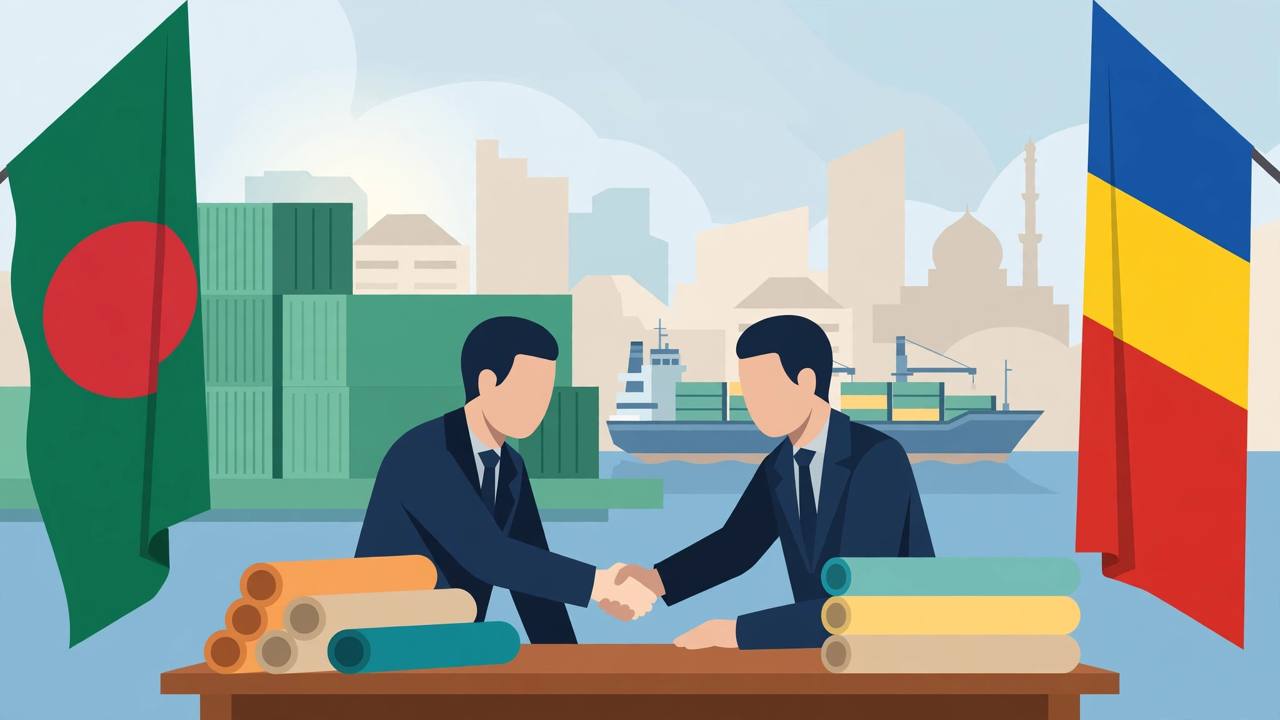 Editorial illustration of two generic trade officials shaking hands across a conference table with a cargo container, textile rolls and a cargo ship, symbolising the launch of Bangladesh-Malaysia free trade agreement negotiations in Dhaka
