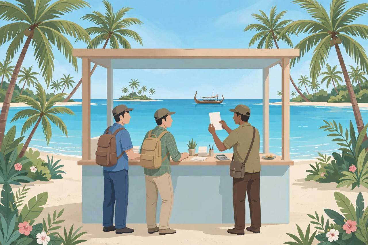 Editorial illustration of generic Bangladeshi migrant workers at a bank branch counter on a tropical Maldivian island, generic figures only