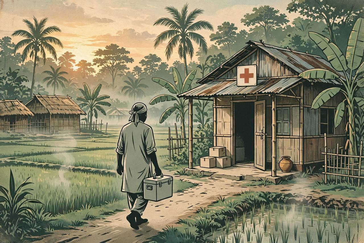 Editorial illustration of a health worker carrying a vaccine cold box toward a rural clinic in Bangladesh at dawn, for the measles outbreak whose death toll reached 1,205