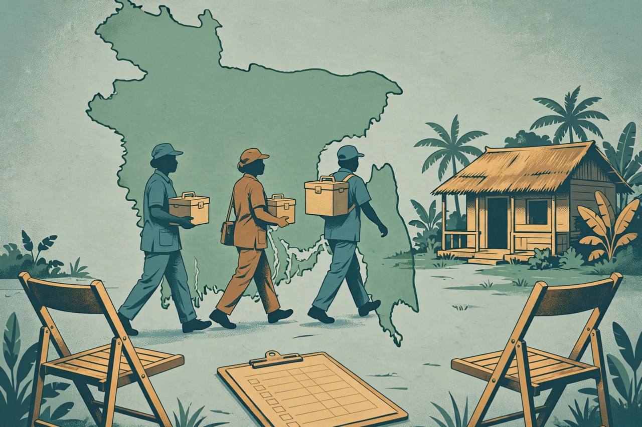 Editorial illustration: generic adult health workers carrying vaccine cold boxes toward a rural health clinic in Bangladesh, with a map outline of Bangladesh in the background; no children or victims depicted