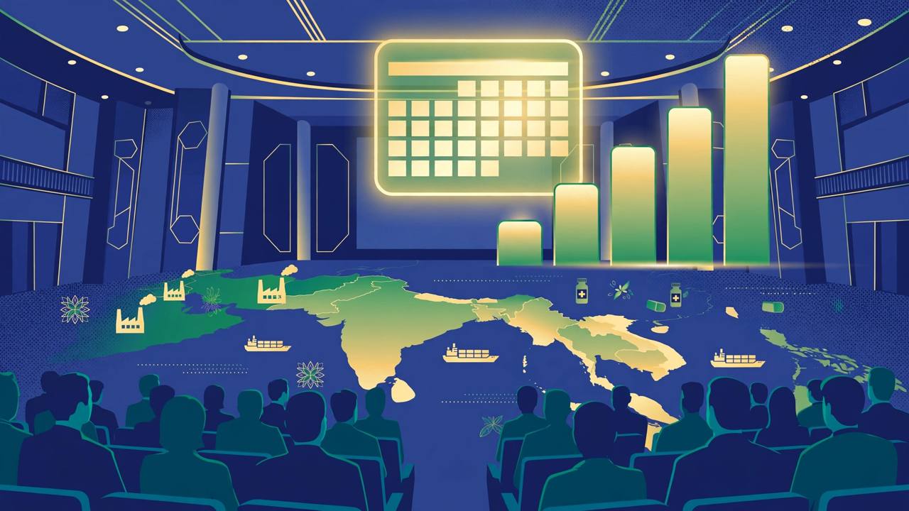 Editorial illustration of a United Nations assembly hall, a glowing calendar and garment factories and cargo ships over a stylised map of South Asia