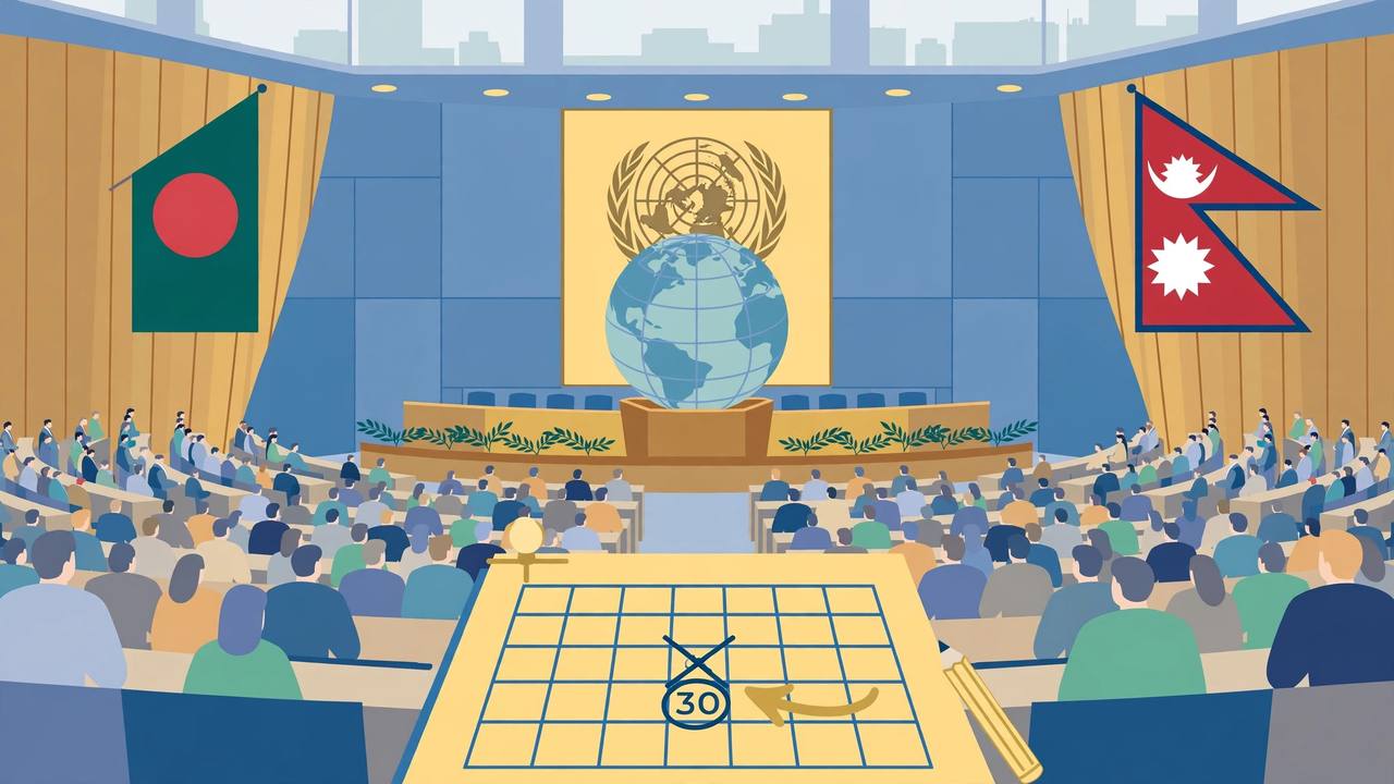 Flat editorial illustration of a UN assembly hall with generic delegates, a globe, a deadline document and the flags of Bangladesh and Nepal